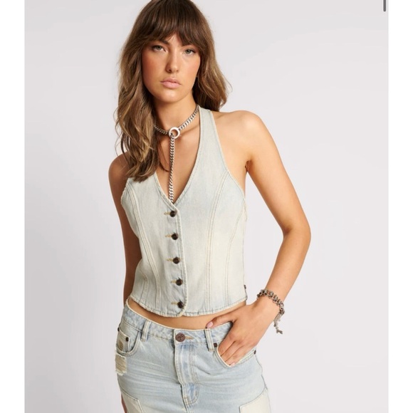 New Free People One Teaspoon Denim Halter Top Vest Jean Light Blue Medium - Picture 4 of 13